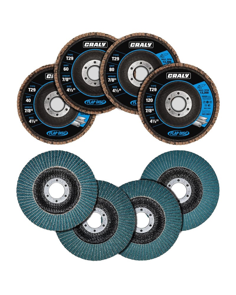 CRALY 4-1/2 Inch Flap Disc, 7/8 in Arbor, 40/60/80/120 Grit, T29 Premium Zirconia Sanding Disc for Angle Grinder, Quality Abrasive Grinding Wheel for Stainless Steel, Metal Sanding & Finishing, 20PC - Image 1